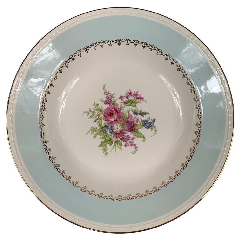 Homer Laughlin Eggshell Georgian Soup Bowl Blue‎ Rim Floral Gold Trim G51 N 5